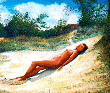 Frauengemlde vom Kunstmaler Hugo Reinhart  >>Sonnenbad in den Dnen<<