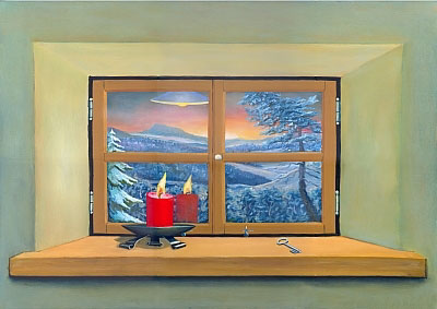 Winter-Gemlde vom Kunstmaler Hugo Reinhart  >>Fensterbild Rhnwinter<<