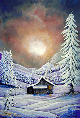 Winter-Gemlde  vom Kunstmaler Hugo Reinhart  >>Stille Winternacht<<
